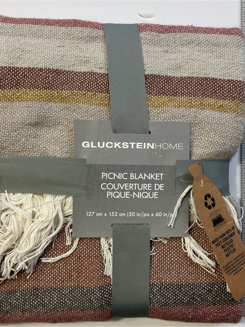 NWT GlucksteinHome Recycled Earth Tone Striped Fringed Picnic Blanket 50x60